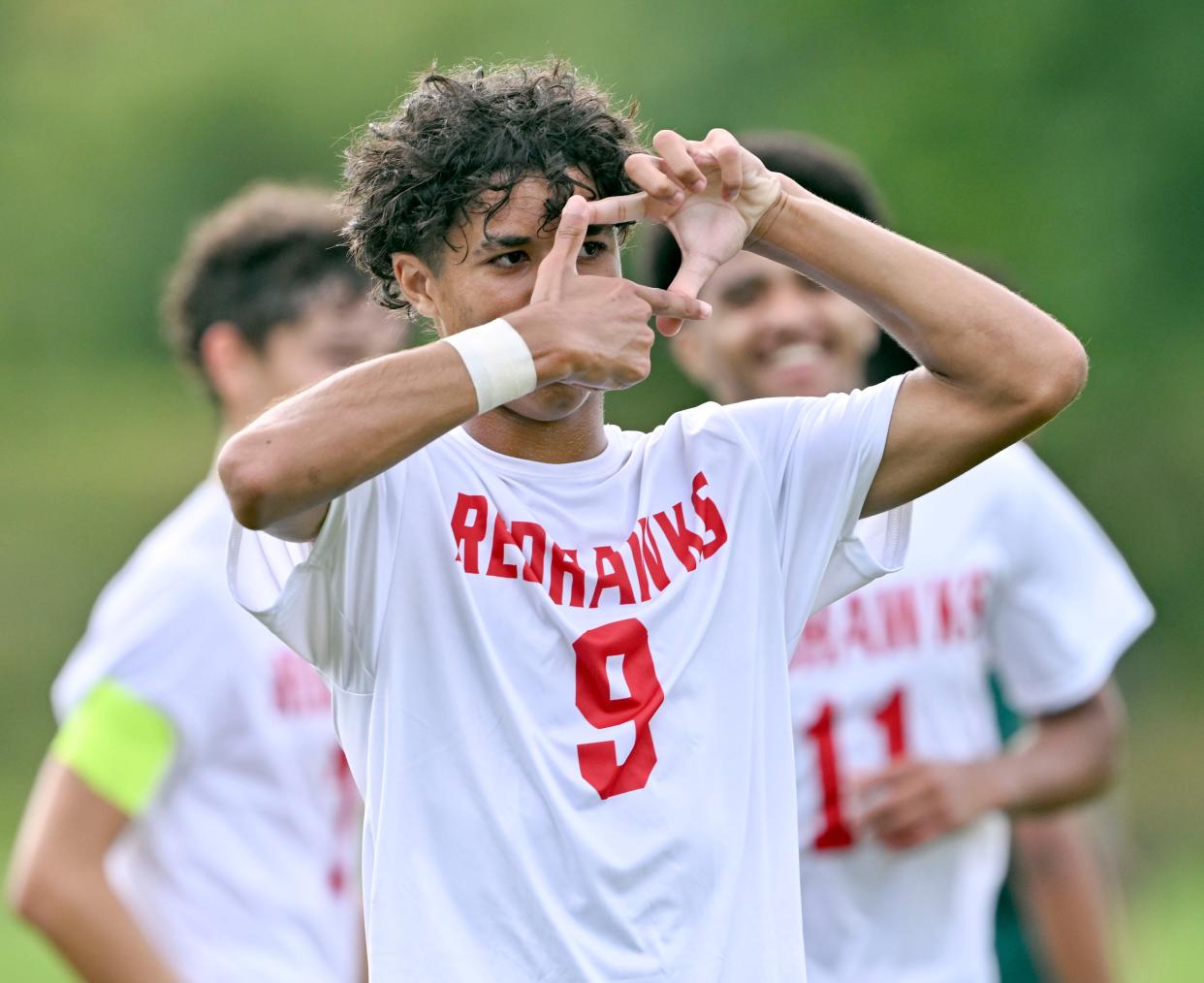 Marcelo Diamantino of Barnstable celebrates after scoring a goal against Sturgis West boys soccer.