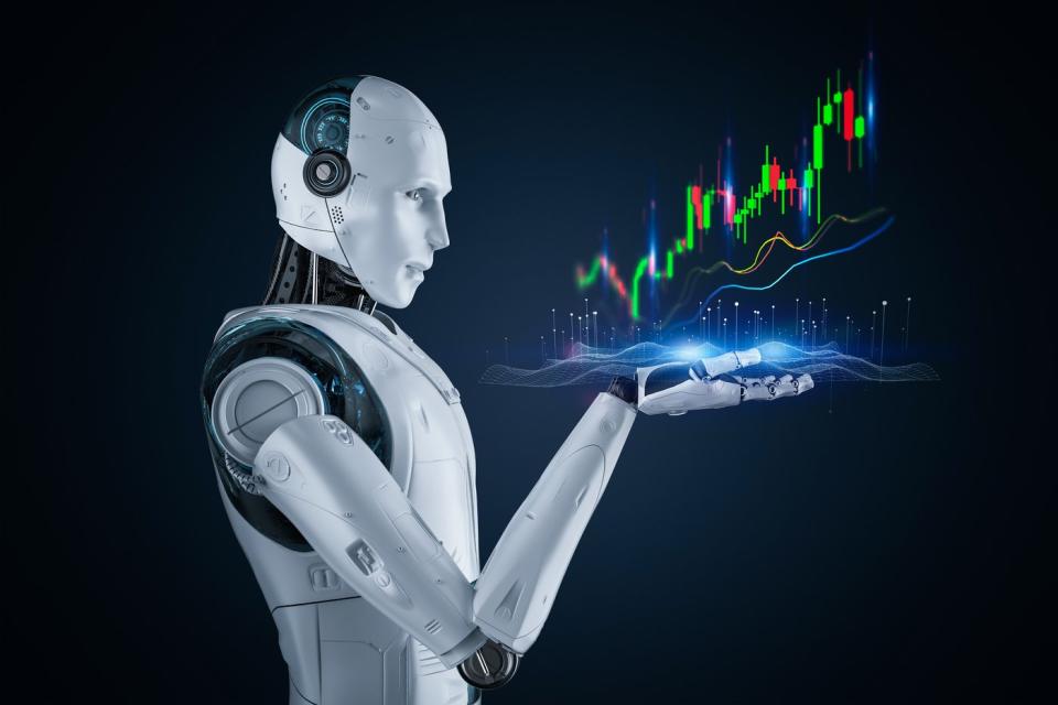 A hologram of a rapidly rising candlestick stock chart displayed from the right palm of a humanoid robot.