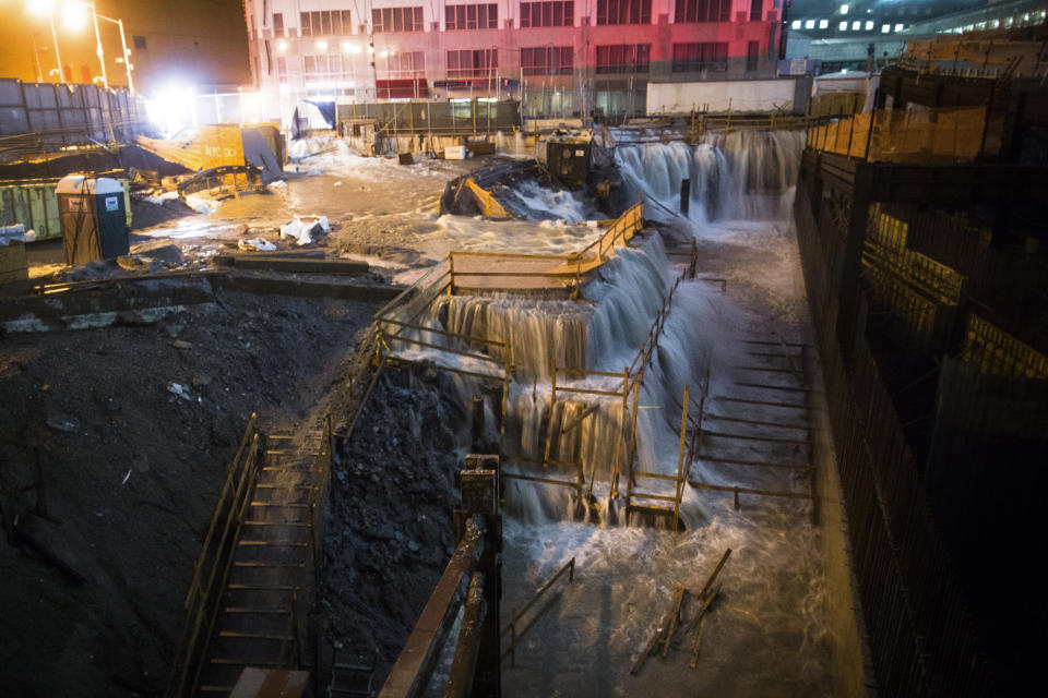 Seawater floods the Ground Zero construction site during Superstorm Sandy in New York on Oct. 29, 2012. (Photo: John Minchillo/AP)