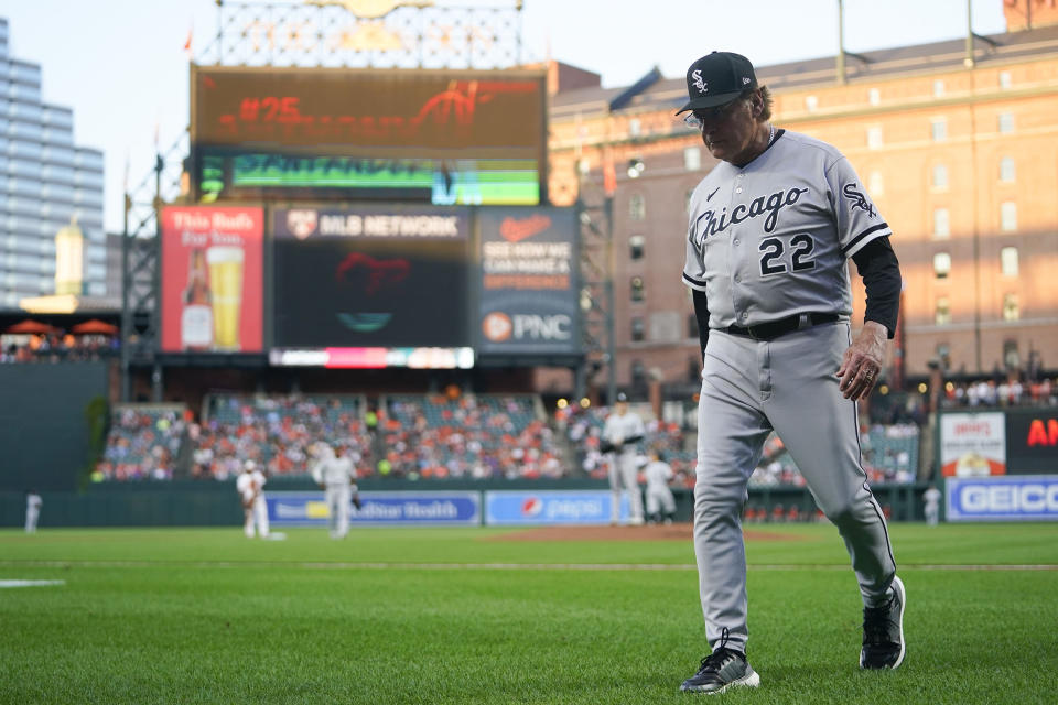 FILE - Chicago White Sox manager Tony La Russa heads to the dugout during the first inning of a baseball game against the Baltimore Orioles, Aug. 23, 2022, in Baltimore. La Russa has stepped down as manager of the White Sox because of a heart issue. The announcement Monday, Oct. 3, 2022, ends a disappointing two-year run in the same spot where the Hall of Famer got his first job as a big league skipper. (AP Photo/Julio Cortez, File)