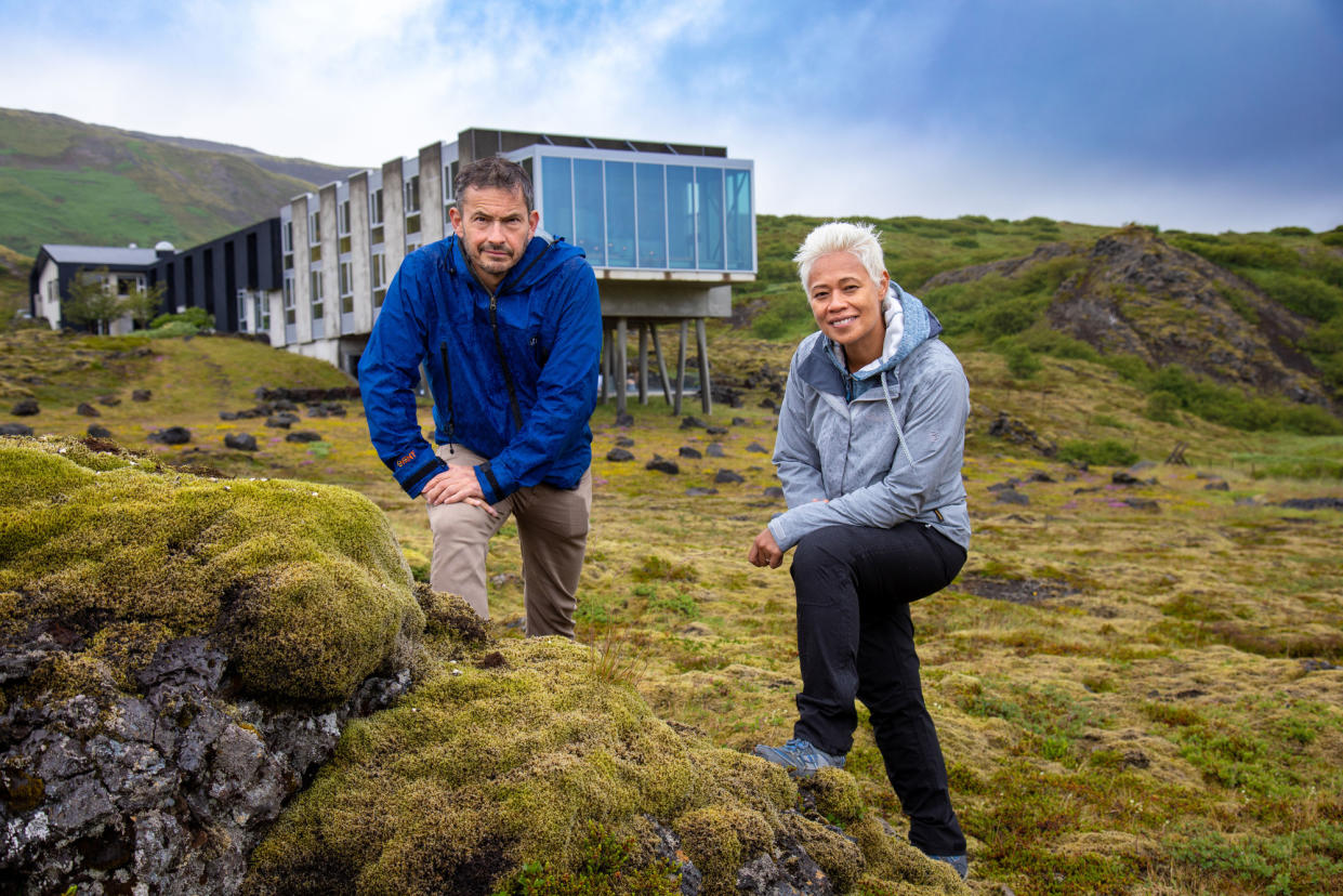 WARNING: Embargoed for publication until 00:00:01 on 23/11/2021 - Programme Name: Amazing Hotels: Life Beyond the Lobby S4 - TX: n/a - Episode: Amazing Hotels: Life Beyond the Lobby S3 - Ep1 Iceland (No. 1) - Picture Shows: outside ION Adventure Hotel, Iceland. Giles Coren, Monica Galetti - (C) BBC Studios - Photographer: Production