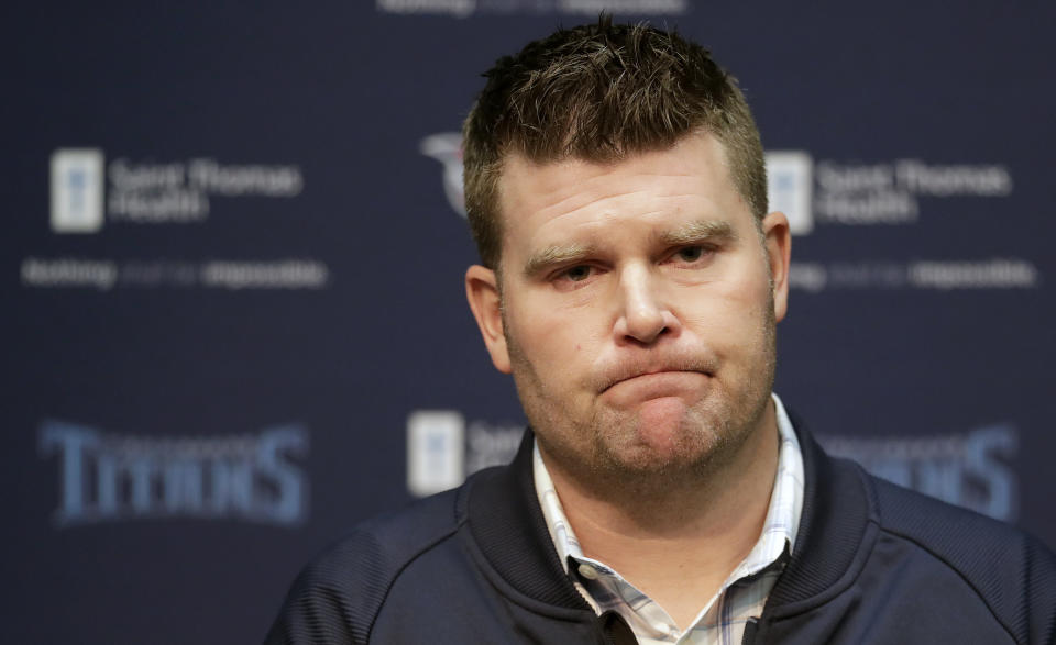 Tennessee Titans general manager Jon Robinson listens to a question during an NFL football news conference Monday, Jan. 15, 2018, in Nashville, Tenn. The Titans split with head coach Mike Mularkey on Monday after he revived a team with the NFL's worst record over two seasons and led them to their first playoff victory in 14 years. The Titans announced the move two days after a 35-14 loss to New England in the AFC divisional round. (AP Photo/Mark Humphrey)
