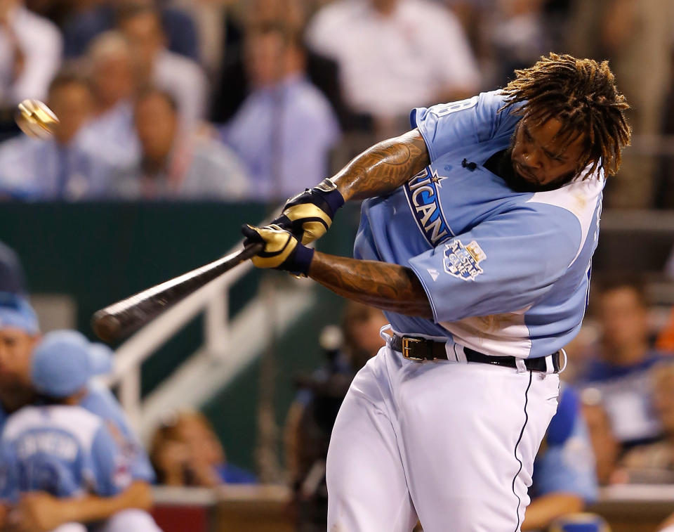 American League All-Star Prince Fielder #28 of the Detroit Tigers at bat in the final round during the State Farm Home Run Derby at Kauffman Stadium on July 9, 2012 in Kansas City, Missouri. (Photo by Jamie Squire/Getty Images)