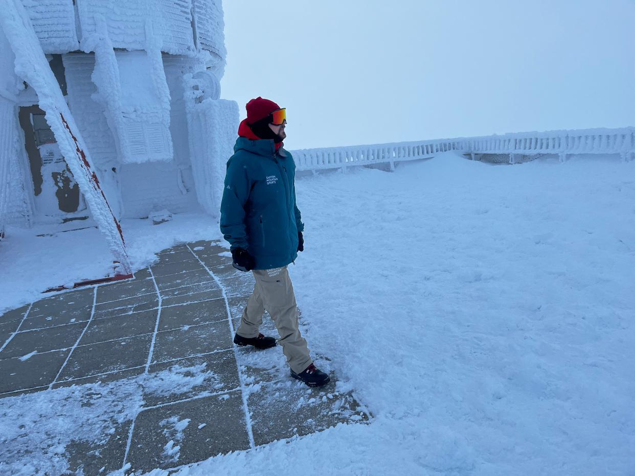 Francis Tarasiewicz, a weather observer and education specialist at the Mount Washington Observatory, during a trek to the observatory's weather station on the summit of Mount Washington in New Hampshire on Nov. 29, 2023.