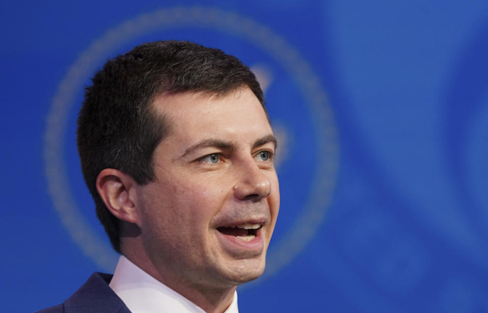FILE - In this Dec. 16, 2020, file photo President-elect Joe Biden's nominee for Transportation Secretary former South Bend, Ind. Mayor Pete Buttigieg, President-elect speaks during a news conference at The Queen theater in Wilmington, Del. (Kevin Lamarque/Pool via AP, File)