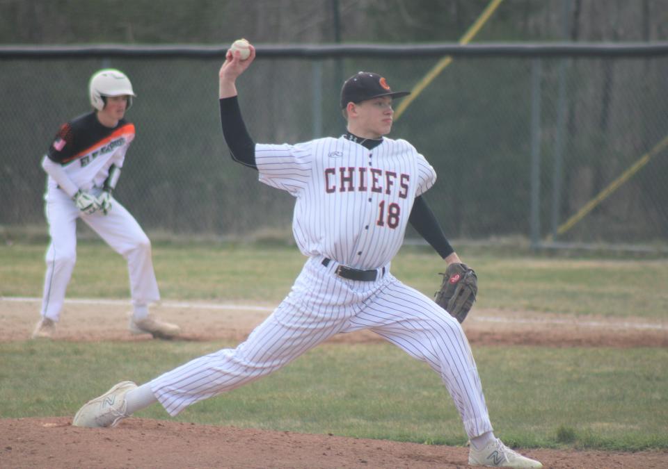 Cheboygan's Chase Swanson pitches during game one of a baseball home doubleheader against Elk Rapids on Friday.