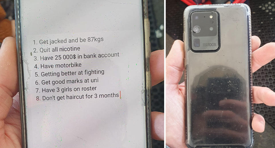 Left, the embarrassing list of goals can be seen. Right, the back of the lost phone can be seen, helping the owner to identify their phone. 