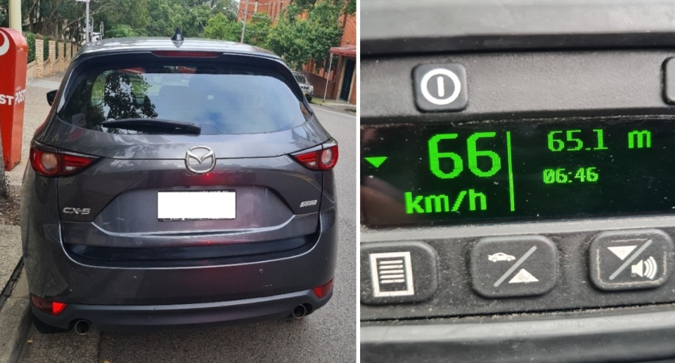 Left is a picture of the driver's grey Mazda CX5, and right the speed radar shows a speed of 66 km/h. 