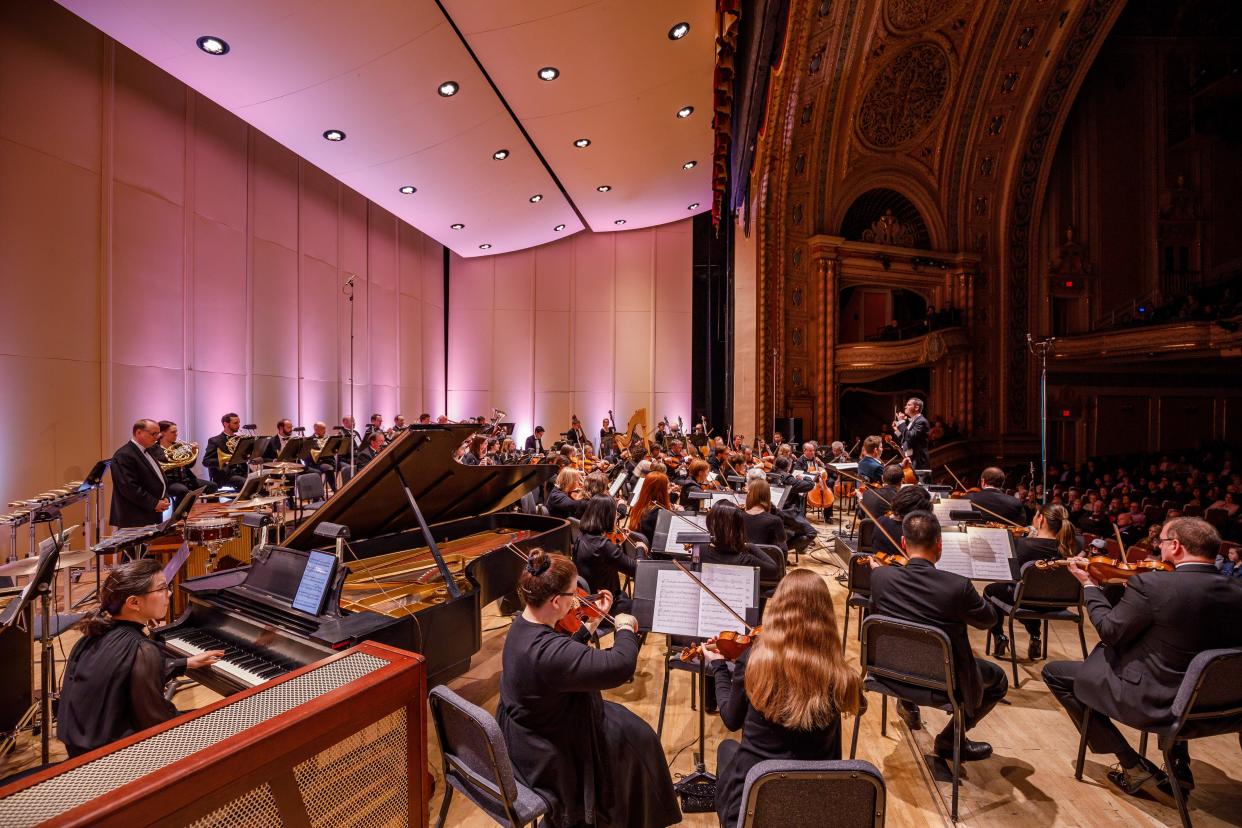 This photo shows the South Bend Symphony Orchestra performing in 2019, at the Morris Performing Arts Center.