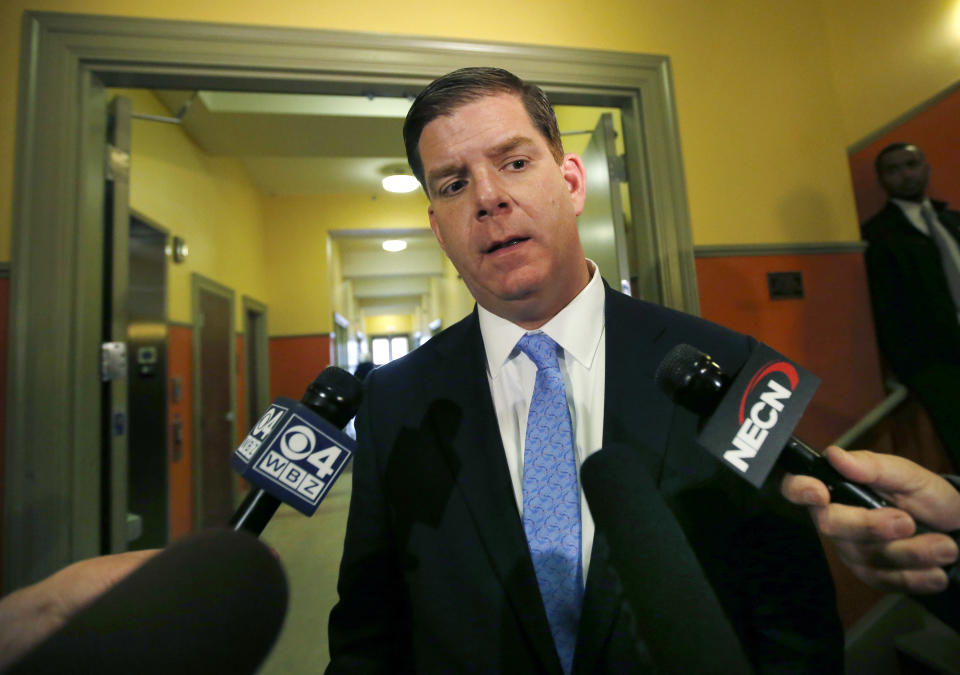 Boston Mayor Martin Walsh speaks to media in Boston, Thursday, Feb. 27, 2014. Walsh will boycott St. Patrick's Day parades to protest policies on gay groups. Walsh said this week he's trying to broker a deal with his city's parade organizers to allow a group of gay military veterans to march. The son of Irish immigrants said that allowing gay groups to participate is "long overdue." (AP Photo/Elise Amendola)