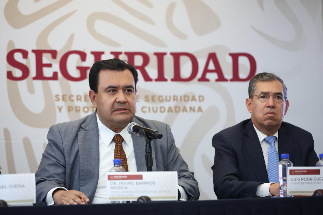 Irving Barrios, attorney general of the Mexican state of Tamaulipas, and Luis Rodríguez Bucio, undersecretary of public security, speak on Tuesday about the kidnapping of four Americans in Matamoros, Mexico.