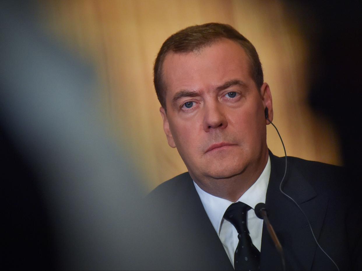 <p>Dmitry Medvedev gives a press conference during an official visit to Le Havre, western France on 24 June, 2019</p> (AFP via Getty Images)