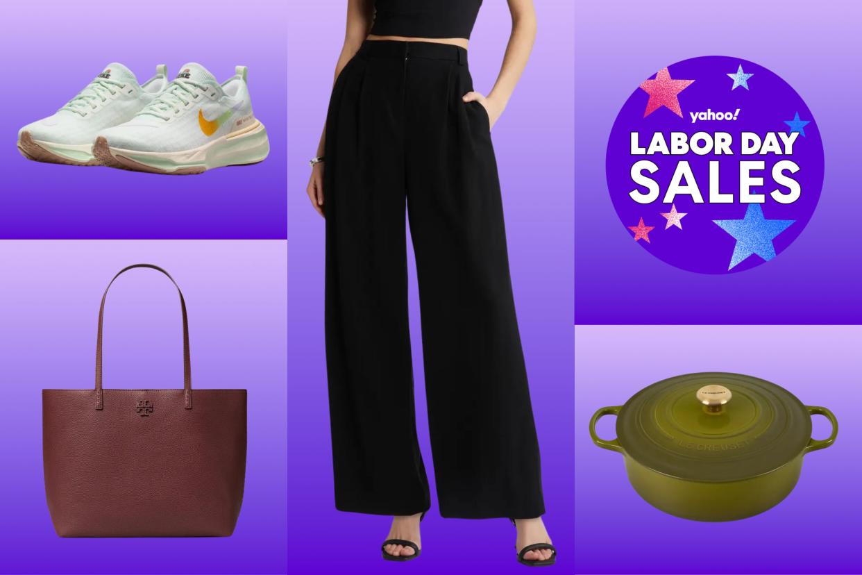 Model wearing black pants, a burgundy tote bag, nike sneakers and a green le creuset on a purple background. 