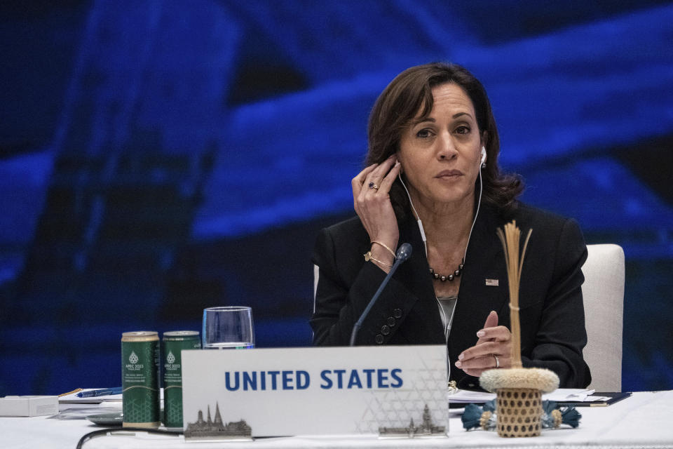 U.S. Vice President Kamala Harris attends a leaders' meeting at the Asia-Pacific Economic Cooperation, APEC summit, Saturday, Nov. 19, 2022, Bangkok, Thailand. (Haiyun Jiang/The New York Times via AP, Pool)