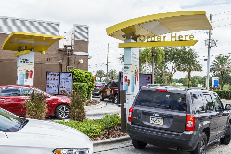 Florida, Davenport, McDonald's fast food restaurant, drive-thru window. (Photo by: Jeffrey Greenberg/Education Images/Universal Images Group via Getty Images)