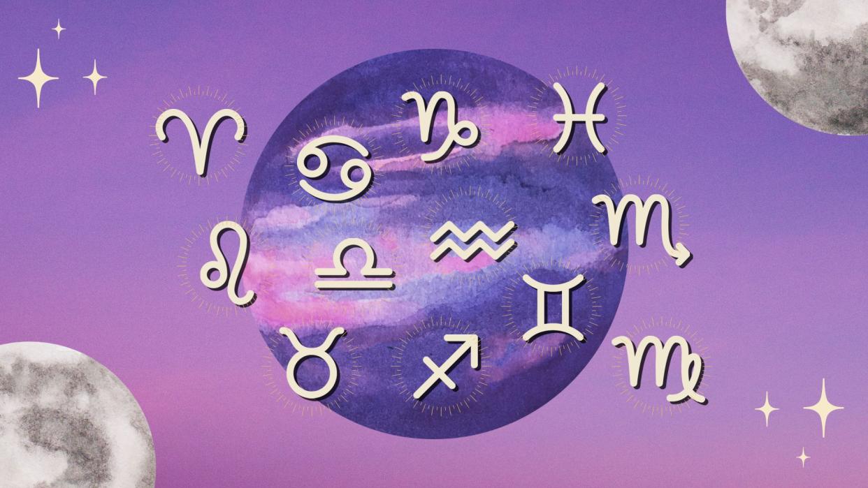  The zodiac signs and the full moon against a purple background 