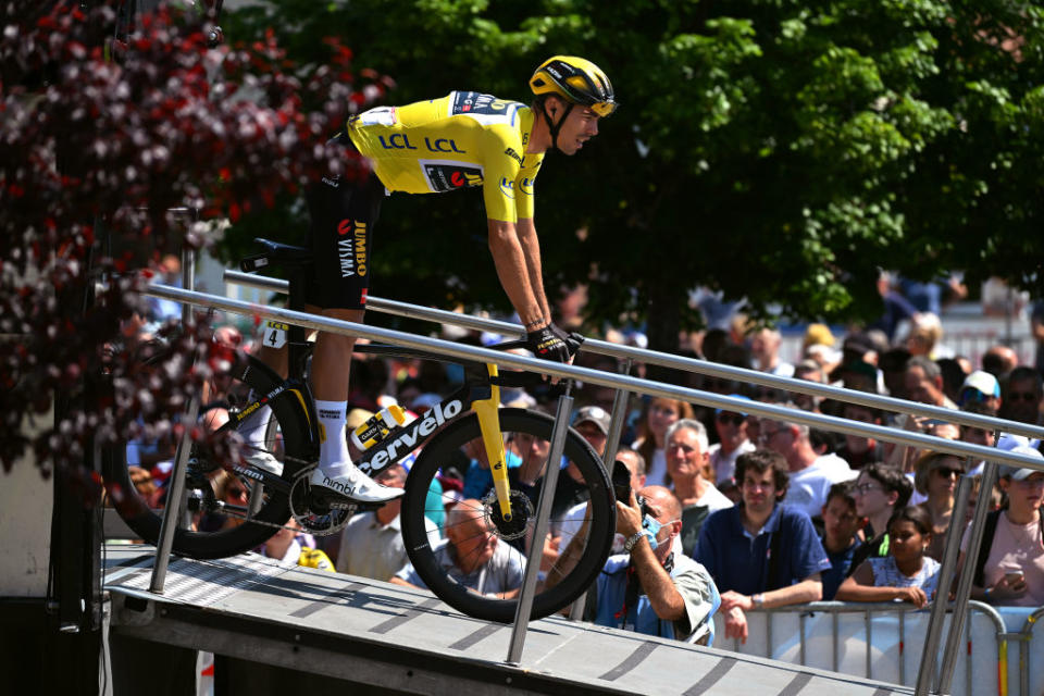 Race leader Christophe Laporte at the start of stage 3 of the Critérium du Dauphiné