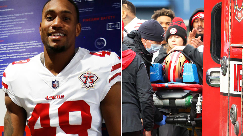 San Francisco 49ers kick returner Trenton Cannon was taken from the field in an ambulance after a seriously scary collision on the opening play of Monday's game against the Seattle Seahawks. Pictures: Getty Images