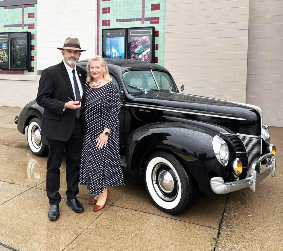 Oak Ridge Mayor Pro Tem Jim Dodson and his wife, Becky, don attire reminiscent of the 1940s for the premiere of "Oppenheimer" in Oak Ridge in July. The movie is returning to the Tinseltown movie theater Dec. 8.