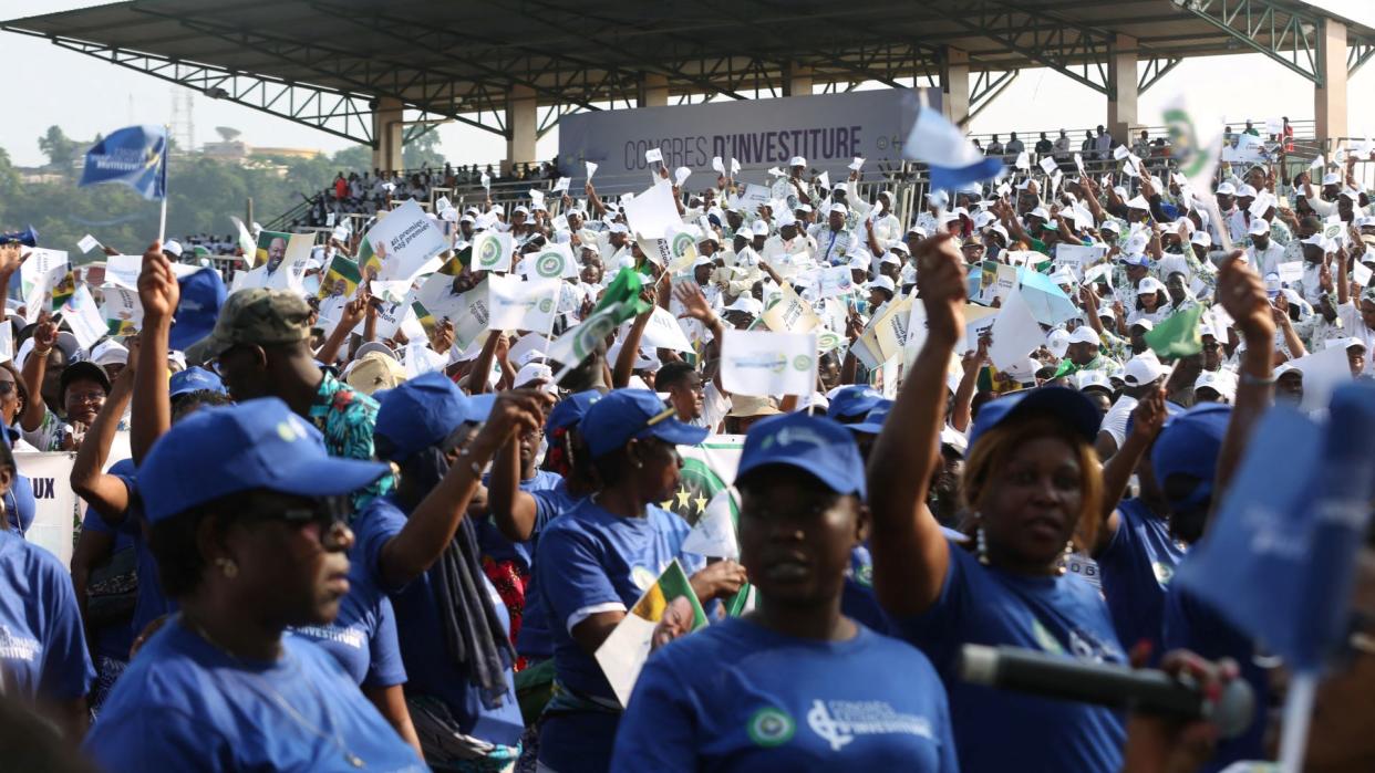  Supporters of Gabon President Ali Bongo Ondimba and the Gabonese Democratic Party are seen at the Nzang Ayong stadium in Libreville on July 10, 2023, a day after President Ali Bongo Ondimba announced that he would seek a third term as the oil-rich African nation's head of state. 