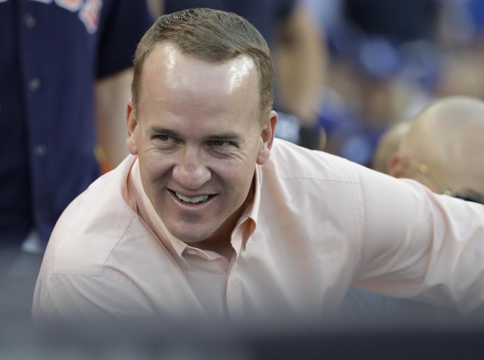 <p>Peyton Manning is seen during the first inning of Game 2 of baseball’s World Series between the Houston Astros and the Los Angeles Dodgers Wednesday, Oct. 25, 2017, in Los Angeles. (AP Photo/David J. Phillip) </p>