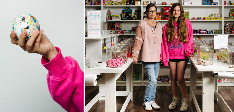 Hadley Warren, 13, and her mom, Morgan, at Hadley’s Candy Shoppe in Perryville. Hadley decided to stock on-theme sweets to sell during the eclipse. (Whitten Sabbatini for NBC News)