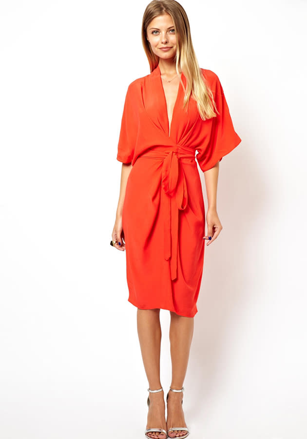 Coral bow waist midi dress