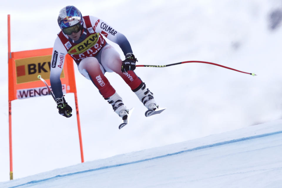 France's Alexis Pinturault competes during the first run of an alpine ski, men's World Cup combined in Wengen, Switzerland, Friday, Jan. 17, 2020. (AP Photo/Gabriele Facciotti)