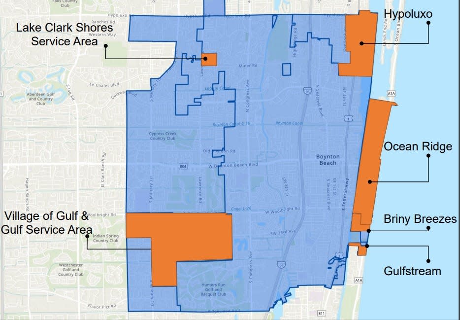 Map shows what Boynton Beach might look like if it succeeds in a plan to annex more than 50 communities to the west of its current boundary line. Its population would increase by more than 35,000 and its tax base would increase by nearly $3 billion.