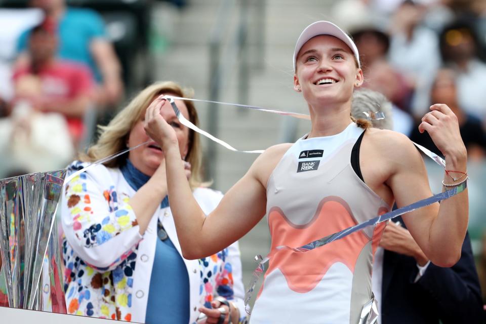 Elena Rybakina of Kazakshstan looks at the fireworks after defeating Aryna Sabalenka of Belarus to win the BNP Paribas Open in Indian Wells, Calif., on Sunday, March 19, 2023.