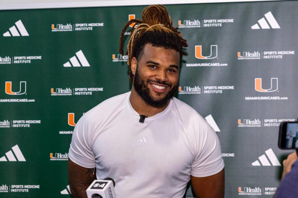 Miami Hurricanes defensive lineman Akheem Mesidor speaks to reporters after practice at the Carol Soffer Indoor Practice Facility in Coral Gables, Florida, on Tuesday, April 2, 2024.