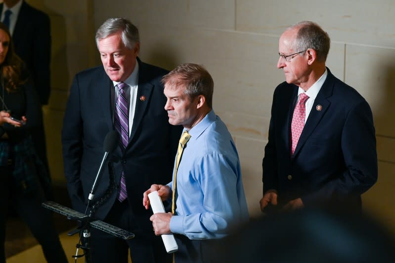 Rep. Meadows, Rep. Jordan and Rep. Conaway speak to reporters outside a closed-door deposition on Capitol Hill in Washington