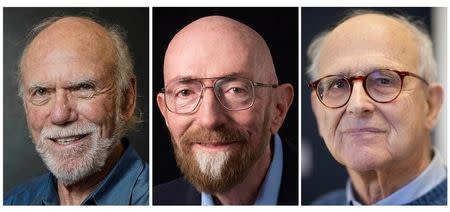 California Institute of Technology (Caltech) physicists Barry Barish and Kip S. Thorne and Massachusetts Institute of Technology's (MIT) Rainer Weiss (L-R), who share the 2017 Nobel Prize for Physics, pose in a combination of undated handout photos. Courtesy of California Institute of Technology/Massachusetts Institute of Technology/Handout via REUTERS