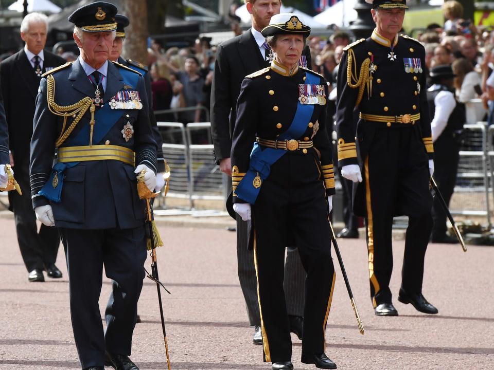 Prince William, Prince of Wales, King Charles III, Prince Richard, Duke of Gloucester, Anne, Princess Royal and Prince Harry, Duke of Sussex walk behind the coffin during the procession for the Lying-in State of Queen Elizabeth II on September 14, 2022 in London, England.