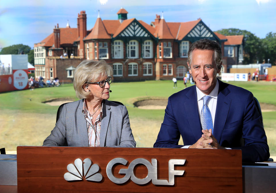LYTHAM ST ANNES, ENGLAND - AUGUST 05: Judy Rankin of the United States (L) and Rich Lerner of the United States (R) working as announcers in the main broadcast booth by the 18th green for the Golf Channel's television coverage during the final round of the Ricoh Women's British Open at Royal Lytham and St Annes Golf Club on August 5, 2018 in Lytham St Annes, England. (Photo by David Cannon/Getty Images)