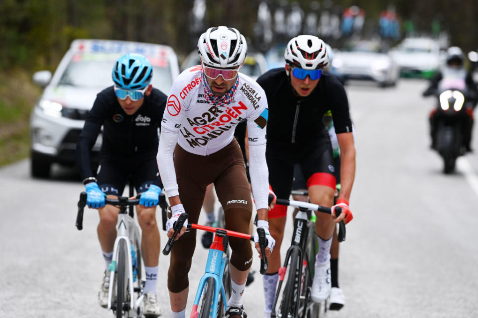 ALPBACH AUSTRIA  APRIL 17 Valentin ParetPeintre of France and Ag2R Citron Team competes in the breakaway during the 46th Tour of the Alps 2023 Stage 1 a 1275km stage from Rattenberg to Alpbach 984m on April 17 2023 in Alpbach Austria Photo by Tim de WaeleGetty Images