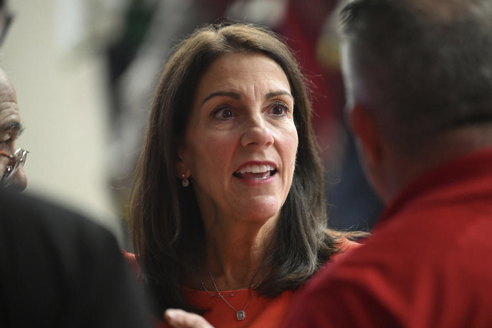 FILE - Montgomery County, Pa., Judge Carolyn Carluccio, Republican candidate for Pennsylvania Supreme Court, campaigns, Oct. 6, 2023, in Connellsville, Pa. The U.S. Supreme Court's current conservative majority has delivered major victories for conservatives, and now, liberal discontent over those rulings is playing a major role in Pennsylvania's top-of-the-ballot election this fall. (AP Photo/Barry Reeger, File)