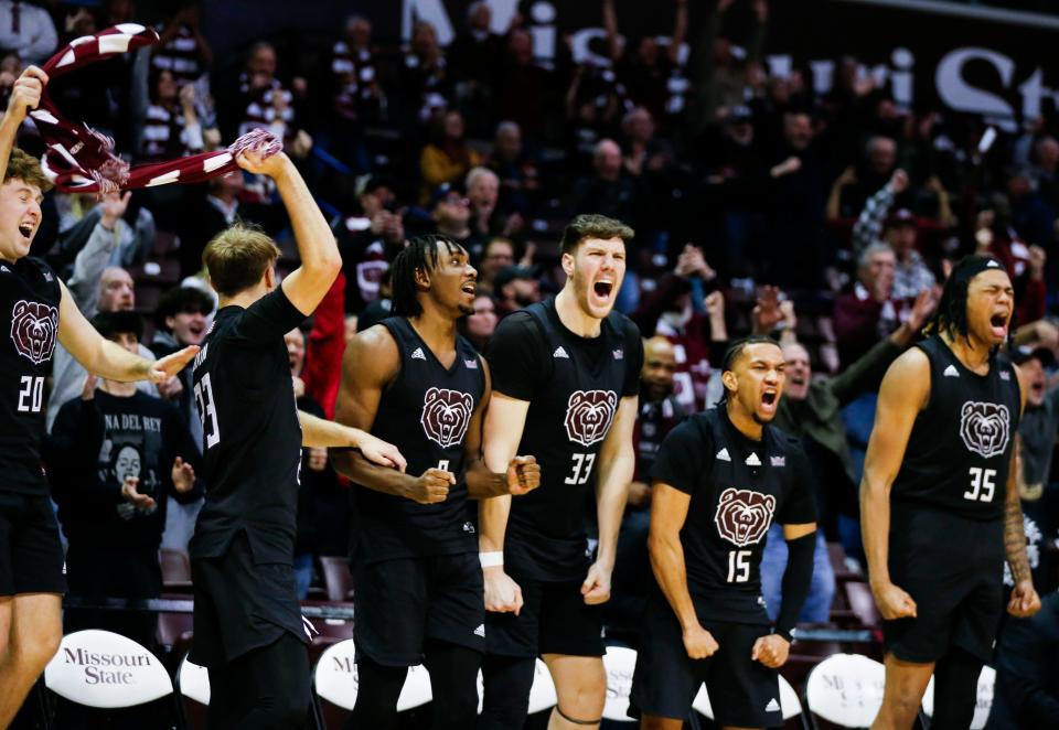The Missouri State Bears bench celebrates as the Bears score during a game against the Drake Bulldogs at Great Southern Bank Arena on Wednesday, Jan. 24, 2024.