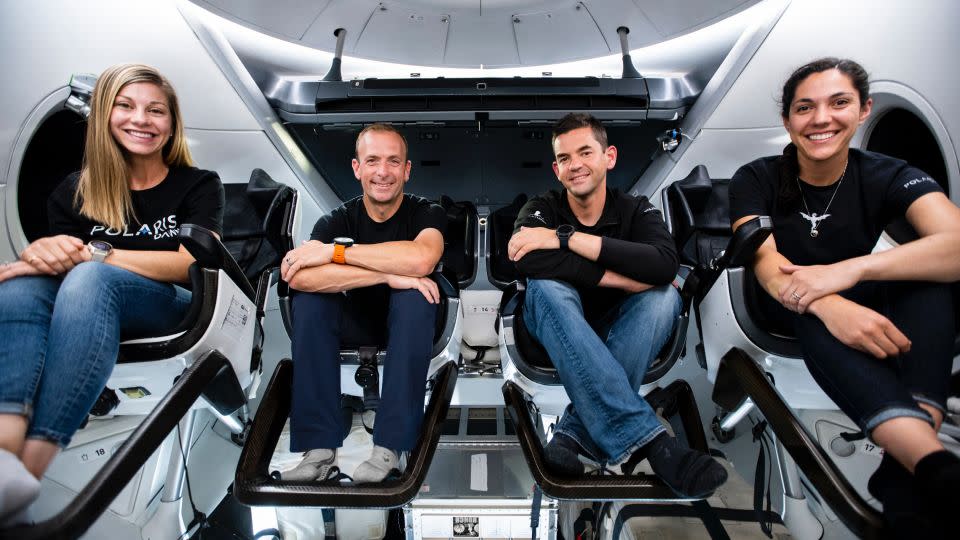 Polaris Dawn crew members — including, from left, Anna Menon, Scott Poteet, Jared Isaacman and Sarah Gillis — are seen inside a SpaceX Crew Dragon capsule. - SpaceX