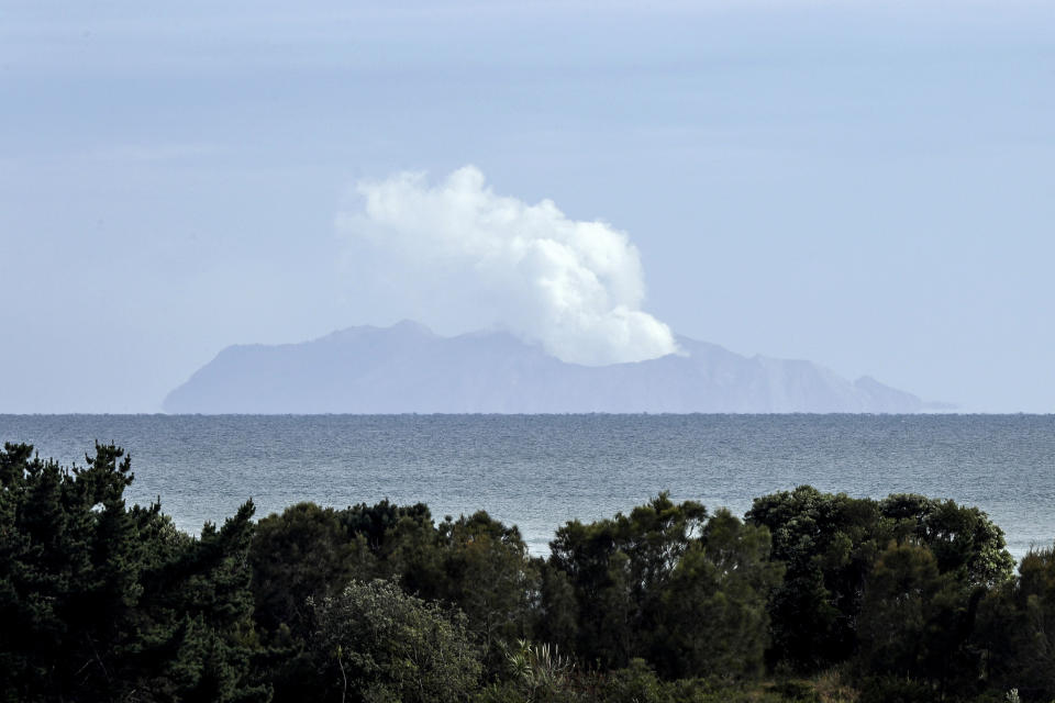 FILE - In this Dec. 11, 2019, file photo, plumes of steam rise above White Island off the coast of Whakatane, New Zealand. Another person who suffered critical injuries from an eruption of the New Zealand volcano last month has died, bringing the death toll to 21, police said Wednesday, Jan. 29, 2020. (AP Photo/Mark Baker, File)