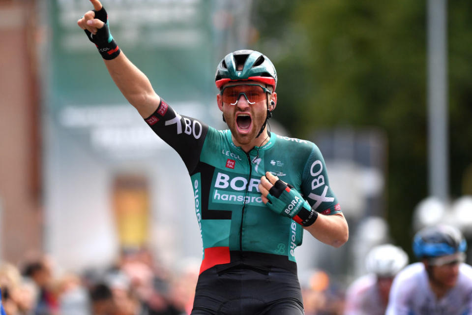 HAACHT BELGIUM  SEPTEMBER 17 Jordi Meeus of Belgium and Team Bora  Hansgrohe celebrates at finish line as stage winner during the 12th Primus Classic 2022 a 1993km one day race from Brakel to Haacht on September 17 2022 in Haacht Belgium Photo by Luc ClaessenGetty Images