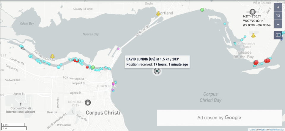 A map from MarineTraffic showing where the David Lundin vessel sank in the Corpus Christi Ship Channel on Friday.