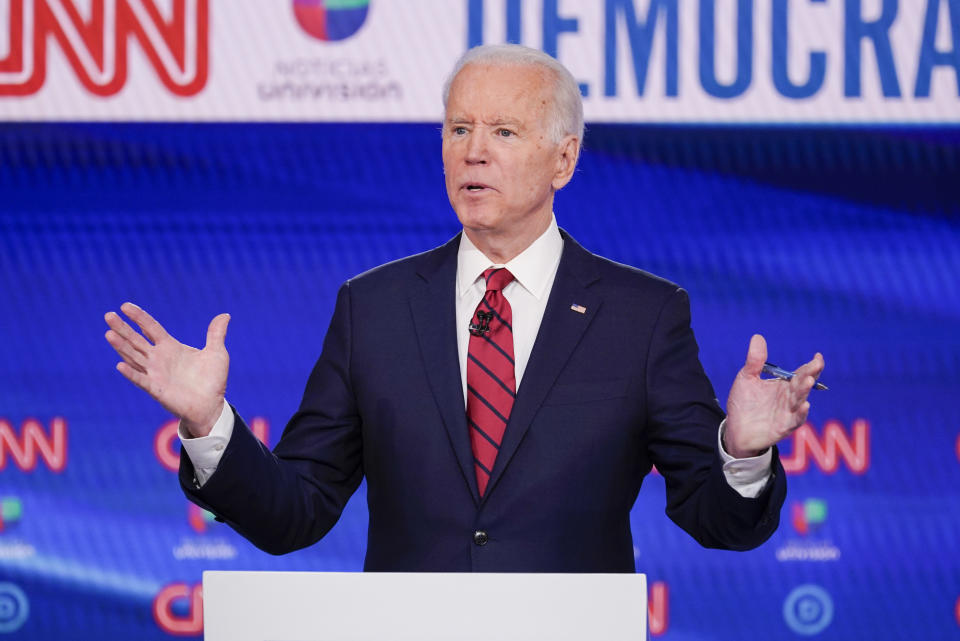 Former Vice President Joe Biden, participates in a Democratic presidential primary debate at CNN Studios in Washington, Sunday, March 15, 2020. (AP Photo/Evan Vucci)