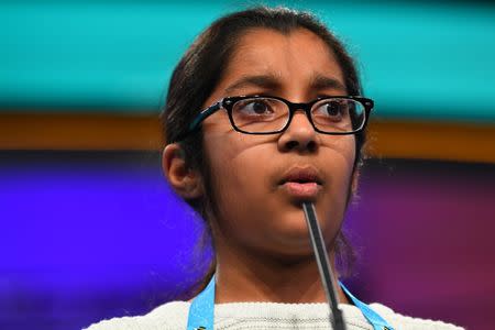 May 30, 2018; National Harbor, MD, USA; Nidhi Achanta from Washington has spelled the word menthol (type of alcohol occurring naturally in peppermint oil) incorrectly during the 2018 Scripps National Spelling Bee at the Gaylord National Resort and Convention Center. Mandatory Credit: Jack Gruber-USA TODAY NETWORK