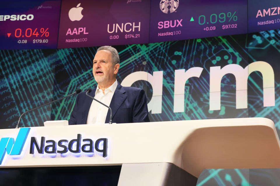 NEW YORK, NEW YORK - SEPTEMBER 14:  Arm Holdings CEO Rene Haas speaks at the Nasdaq MarketSite on September 14, 2023 in New York City. Arm, the chip design firm that supplies core technology to companies that include Apple and NVidia, priced its initial public offering at $51 a share.  (Photo by Michael M. Santiago/Getty Images)