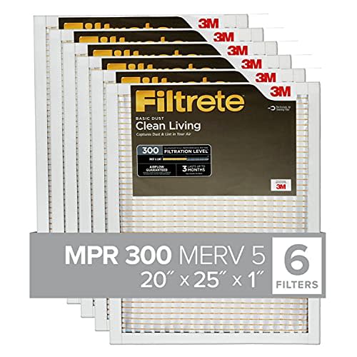 Filtrete 20x25x1, AC Furnace Air Filter, MPR 300, Clean Living Basic Dust, (exact dimensions 19.69 x 24.69 x 0.81), 6 count (Pack of 1)