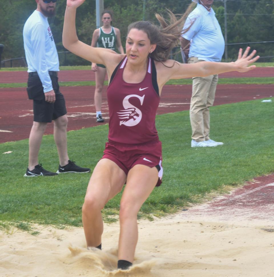 Sardis' Isabella Self competes in the triple jump at the Etowah County schools track and field meet on Wednesday, April 13, 2022 in Gadsden, Alabama. Ehsan Kassim/Gadsden Times.