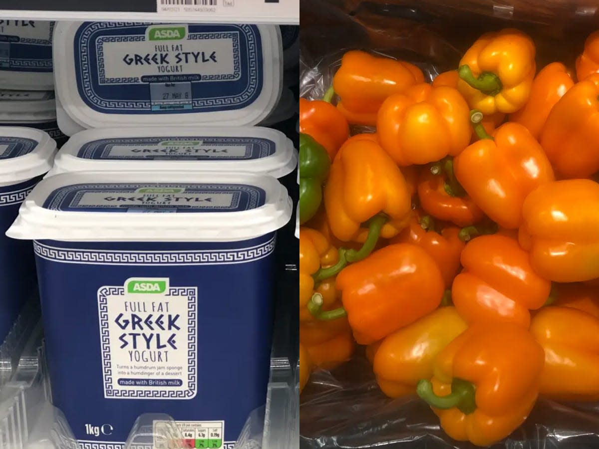 A container of Greek yogurt; Orange bell peppers at grocery store