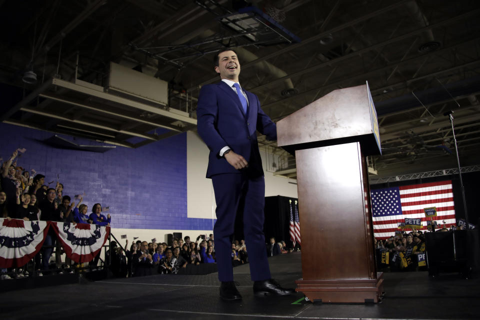 Democratic presidential candidate former South Bend, Ind., Mayor Pete Buttigieg speaks to supporters at a caucus night rally in Des Moines, Iowa, Monday, Feb. 3, 2020. (Gene J. Puskar/AP)