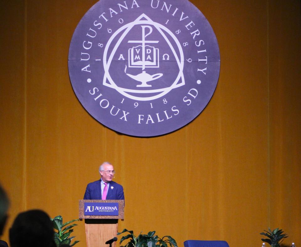 New York Times columnist and PBS NewsHour commentator David Brooks speaks at Augustana University's Boe Forum on Public Affairs on Tuesday, March 19, 2024 in the Elmen Center.